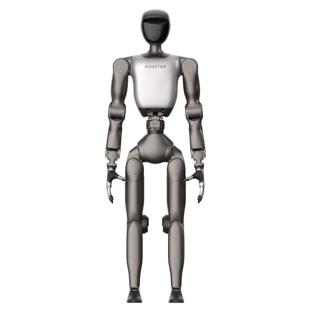 Booster T2 standing with a dexterous hand on each arm